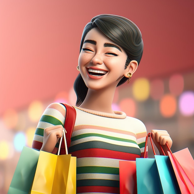 Foto personagem feminina feliz e atraente segurando pacotes de compras. mulher bonita e excitada, garota viciada em compras.