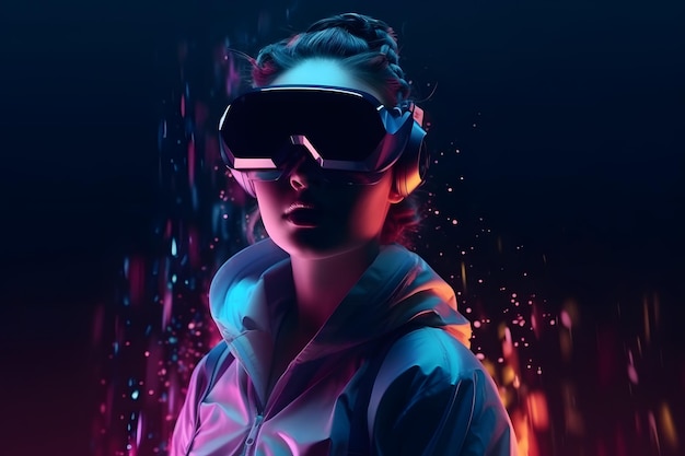 Personagem feminina realista 3D com óculos VR futuristas e espaço para cópia de fone de ouvido metaverse conceito tecnologia videogame e realidade virtual renderização 3d Generative Ai