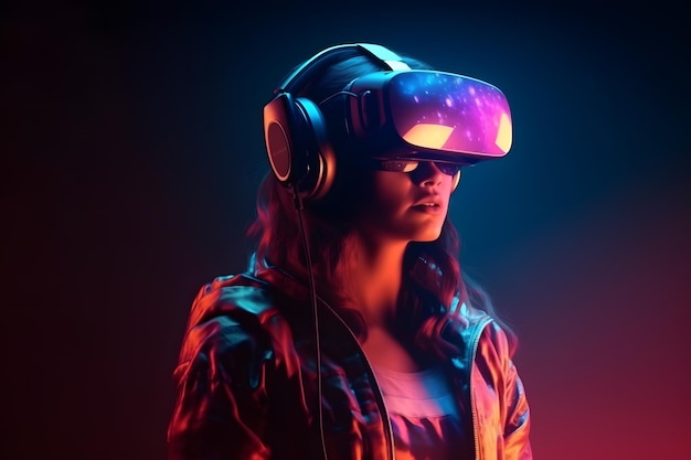 Personagem feminina realista 3D com óculos VR futuristas e espaço para cópia de fone de ouvido metaverse conceito tecnologia videogame e realidade virtual renderização 3d Generative Ai