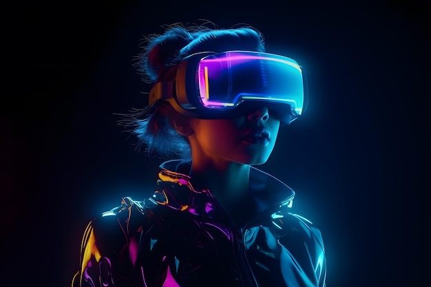 Personagem feminina realista 3D com óculos VR futuristas e espaço para cópia de fone de ouvido metaverse conceito tecnologia videogame e realidade virtual renderização 3d Generative Ai