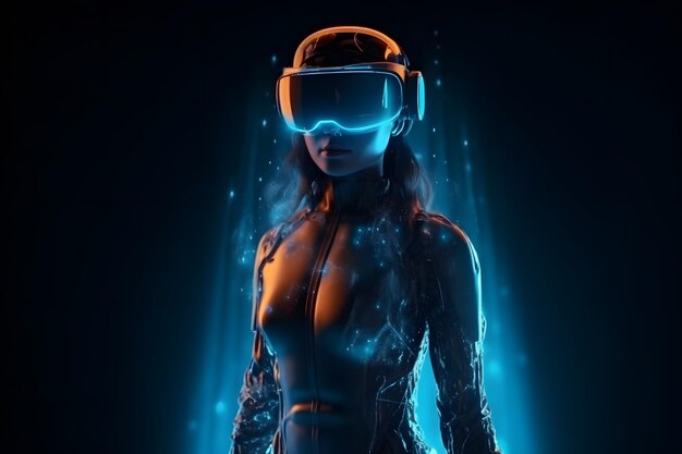 Personagem feminina realista 3D com óculos VR futuristas e espaço para cópia de fone de ouvido metaverse conceito tecnologia videogame e realidade virtual renderização 3d Generative Ai