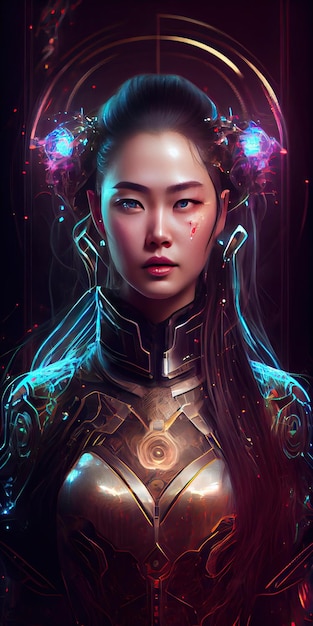 Personagem fictício guerreira oriental cyberpunk ilustração baseada em IA