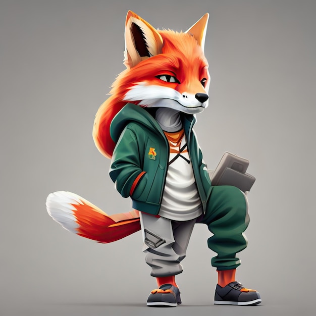 Personagem fofa de raposa vermelha com roupa estética de streetwear