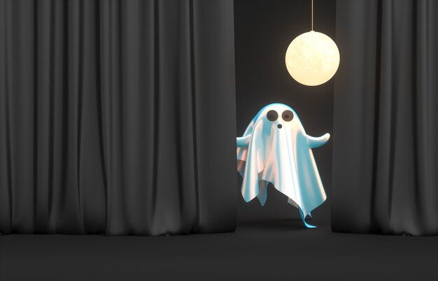 Foto personagem fofa do fantasma do halloween em 3d no palco preto com a lua no fundo do dia das bruxas