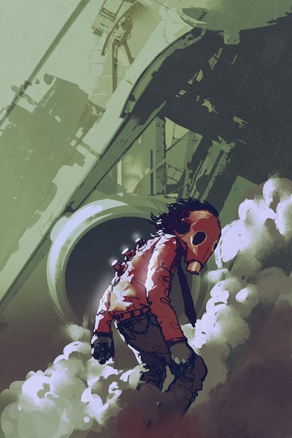 personagem futurista do homem com máscara de gás vermelha em meio a uma fumaça branca, ilustração em pintura
