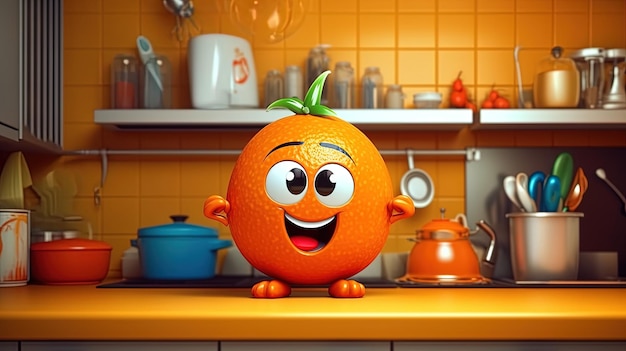 Personagem laranja de desenho animado feliz em uma cozinha Conceito de fantasia Pintura de ilustração