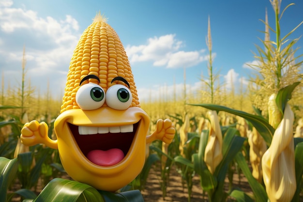 Foto personagem lúdico de milho 3d em um campo de milho ai