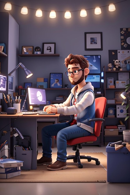 Personagem masculino 3D trabalhando como editor de vídeo