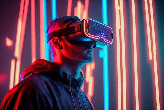Personagem masculino de IA generativa usando óculos 3D explorando a experiência imersiva do metaverso