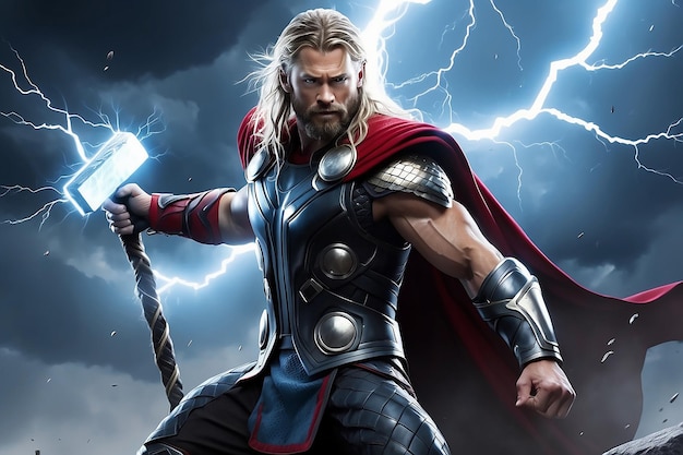 Foto personagem mitológico thor com o trovão mjolnir hammer