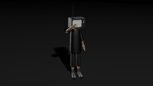 Personagem modelo 3D com uma TV em vez de uma cabeça