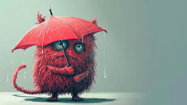 personagem monstro fofo vermelho de corpo inteiro segurando guarda-chuva vermelho
