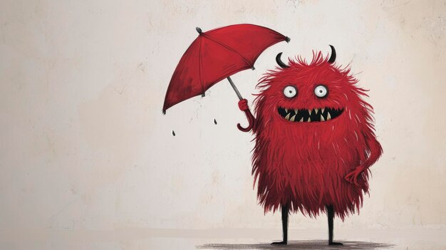 personagem monstro fofo vermelho de corpo inteiro segurando guarda-chuva vermelho