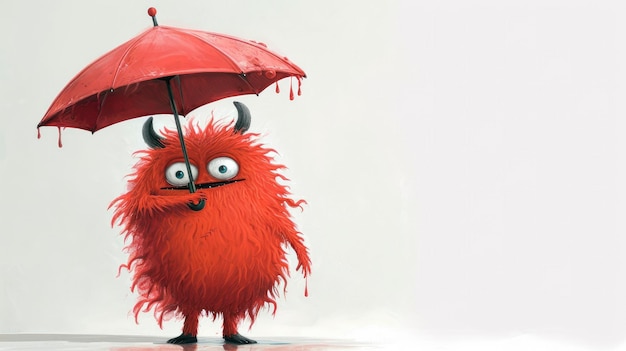 personagem monstro vermelho bonito corpo inteiro segurando guarda-chuva vermelho