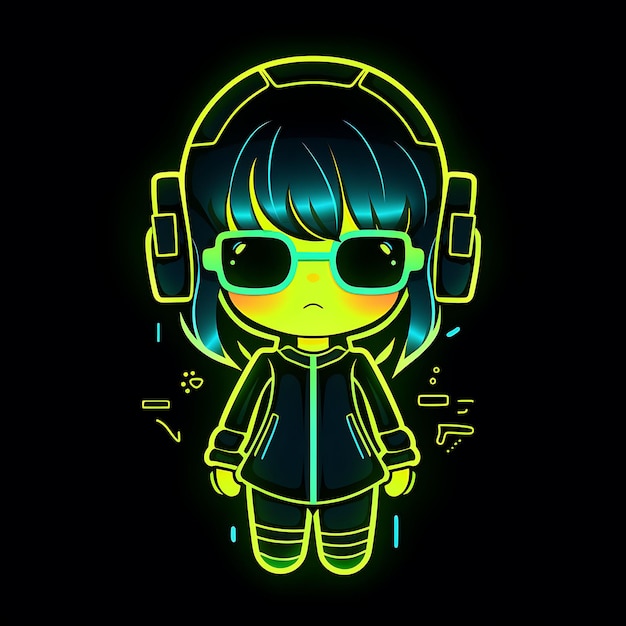 Personagem neon de uma linda garota Chibi com corte Bob e franja, maiô escolar Goggl Clipart, conjunto de adesivos