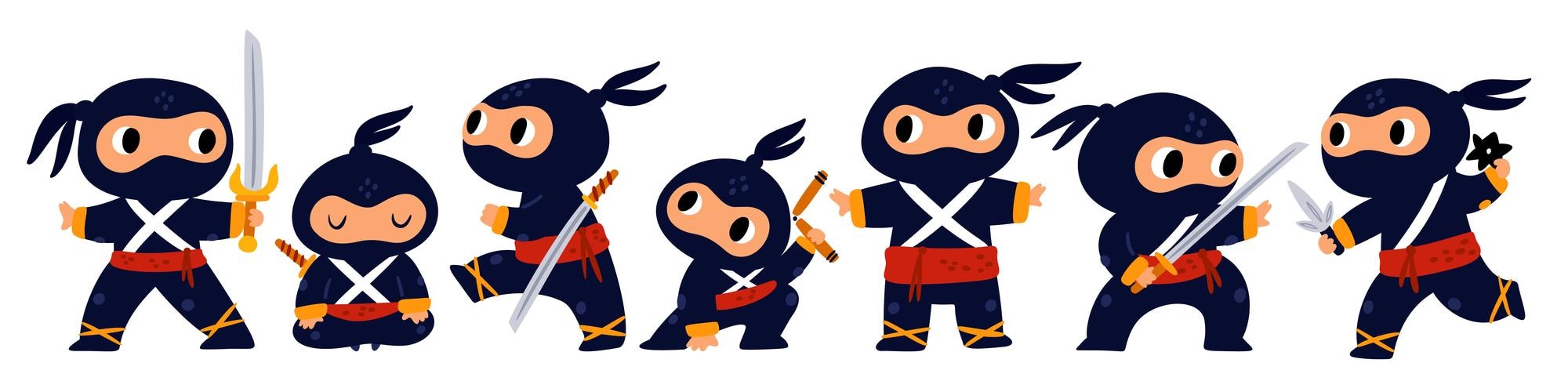 Personagem de desenho animado ninja samurai em várias poses