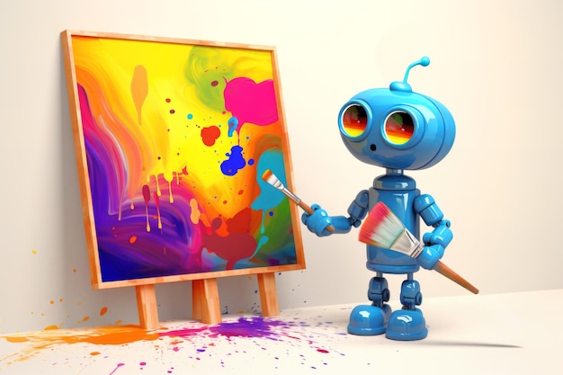 Personagem robô bonito envolvido em pintura com um pincel e cavaleiro Conceito de arte gerada por computador Ilustração de IA gerativa de estilo de desenho animado colorido