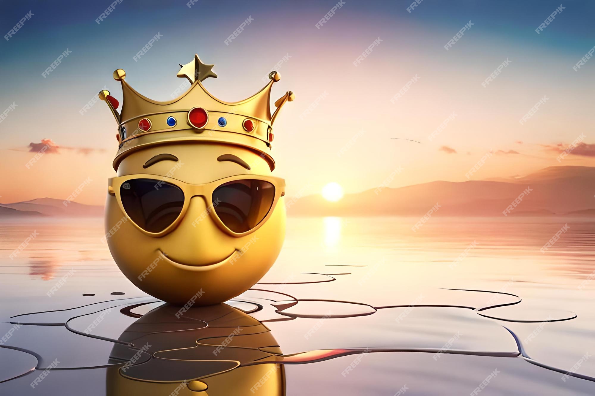 3d Renderização Do Rosto Amarelo Rei Emoji Com Coroa Dourada Em