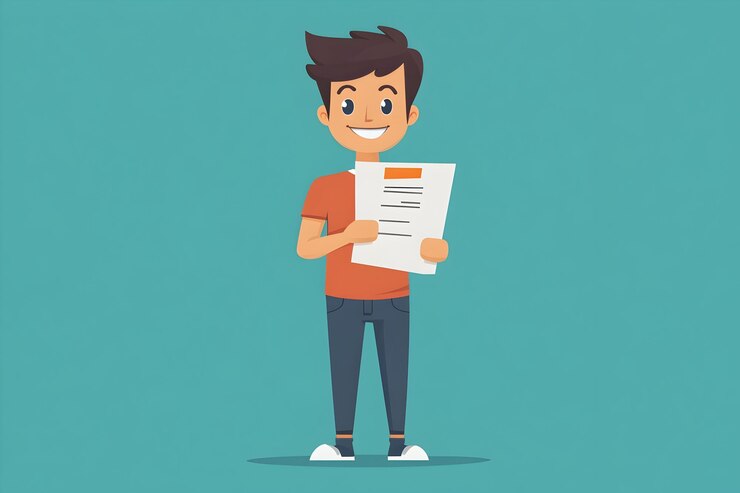 Foto personagem sorridente segurando um contrato como símbolo de promessa em design plano