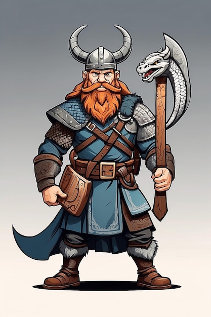 Personagem viking Guerreiro escandinavo antigo com espada e escudo de madeira com emblema de cobra Vector