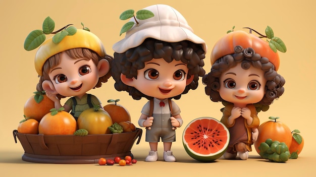 Personagens 3D provando frutas recém-colhidas