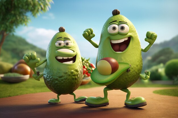 Personagens bonitos de abacate e sorvete a exercitar-se com halteres.