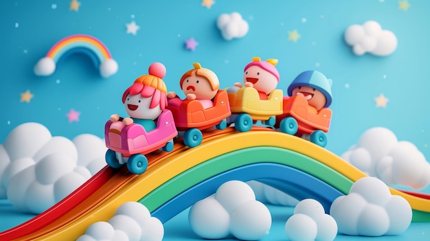Foto personagens bonitos montando uma montanha-russa arco-íris em um parque temático