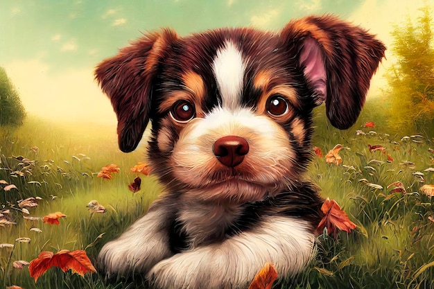 Personagens de animais para desenhos animados Cachorros fofos emocionais Fundo verde com flores na floresta