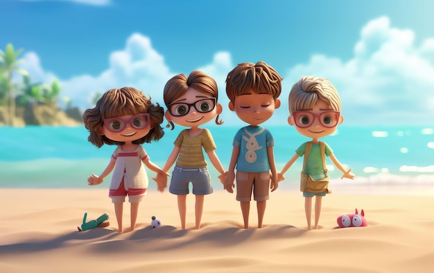 Personagens de desenho animado infantil 3d na praia aproveitando a temporada de verão