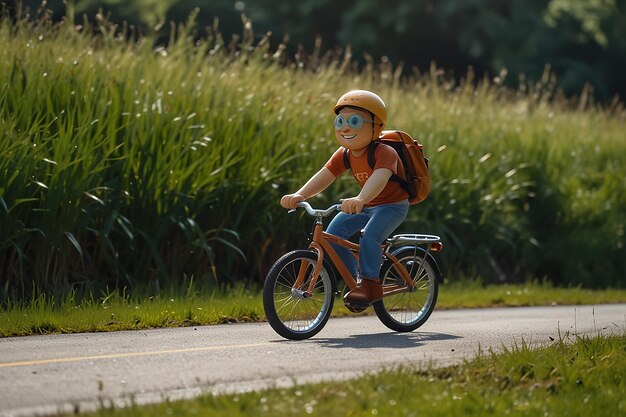 Personagens de desenhos animados a passear de bicicleta na grama