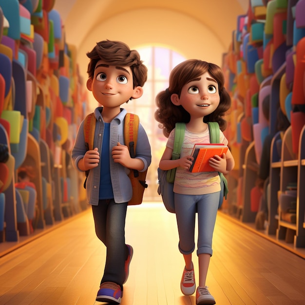 personagens de desenhos animados caminhando por um corredor com livros na mão