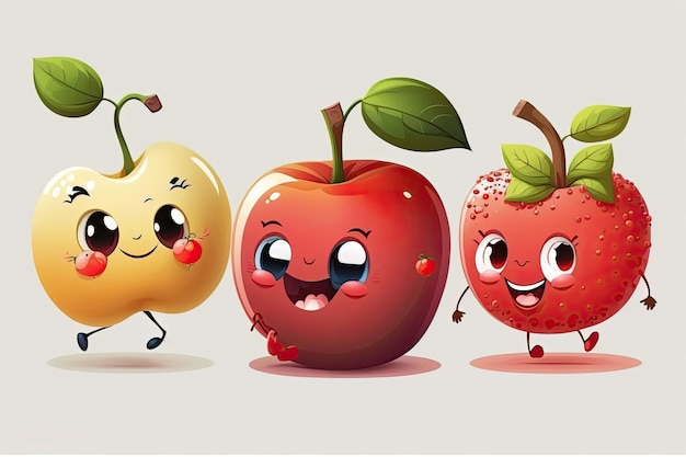 Personagens de desenhos animados de maçã feliz e sorriso bonito monstros de frutas ilustração vetorial de fundo branco Feito por IAInteligência artificial