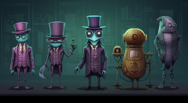 personagens de desenhos animados de um grupo de criaturas estranhas vestidas de roxo generativo ai