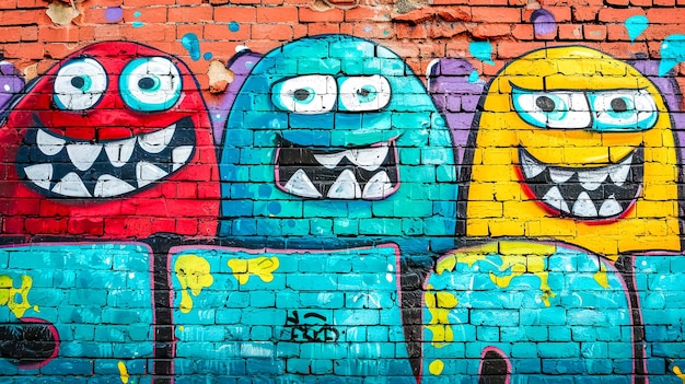 Personagens de desenhos animados descolados em mural de arte de rua na parede de tijolos
