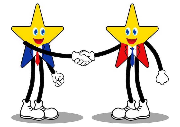 Foto personagens de desenhos animados famosos como um selo de empresários lidam com um aperto de mão