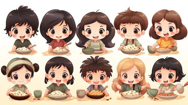 Personagens de desenhos animados infantis fofos Ilustração de crianças felizes brincando de chef cozinhando na cozinha gerada por IA