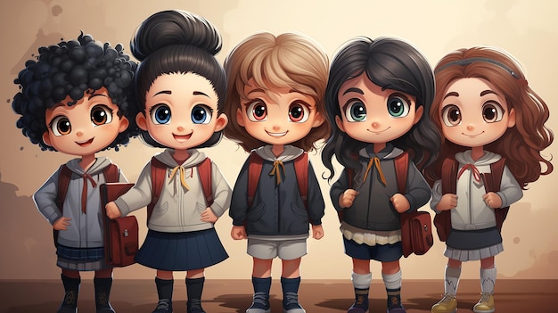 Personagens de desenhos animados infantis fofos Ilustração de crianças felizes do ensino fundamental prontas para ir para a escola com mochilas geradas por IA