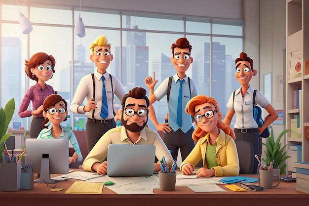 Personagens de desenhos animados trabalhando juntos no escritório conceito de trabalho em equipe