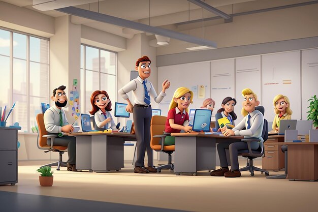 Personagens de desenhos animados trabalhando juntos no escritório conceito de trabalho em equipe