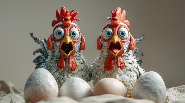 Personagens de desenhos animados uma galinha e um galo incubando ovos ilustração 3D