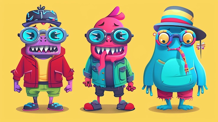 Foto personagens de mascote brincalhões em cores ousadas em fundo sólido