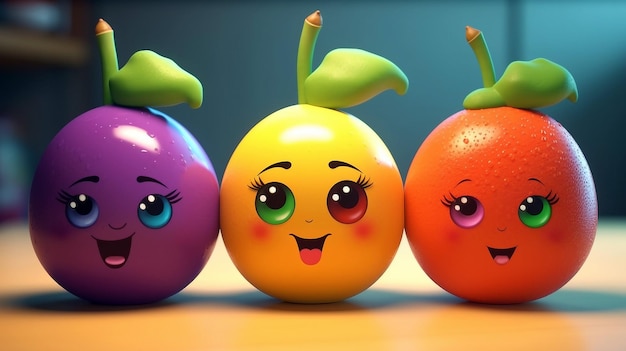 Personagens engraçados de frutas no chão de madeira Ilustração generativa de ai