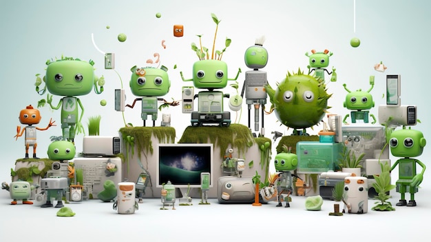 Personagens explorando tecnologias verdes