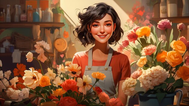Personagens femininas minimalistas de floristas trabalhando em lojas de flores ou trabalhadores de exposições florísticas geradas por IA
