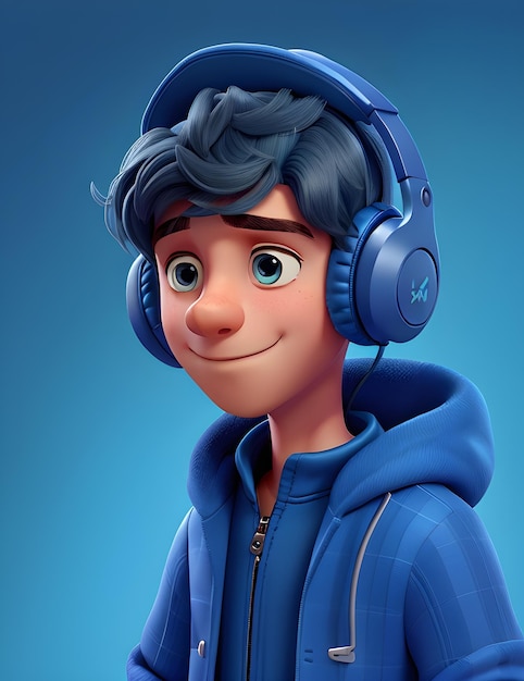 Personaje 3D con auriculares en color azul.