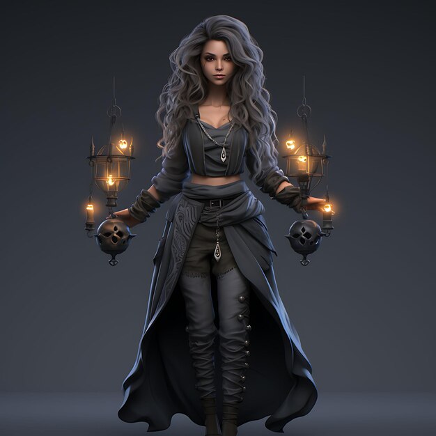 Personaje 3D Bruja femenina ceniza delgada sosteniendo un caldero hechicero Penta Arte de diseño de activos de juego