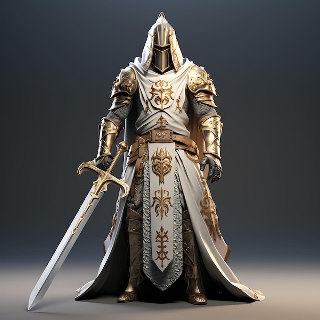 Personaje 3D Caballero Templario Valiante Dorado sosteniendo una espada sagrada Arte de diseño de activos de juego sagrado