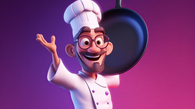 Foto personaje 3d de un chef sosteniendo una sartén generativo ai