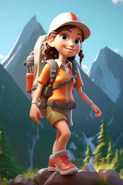 Foto personaje 3d de chica de montaña de dibujos animados