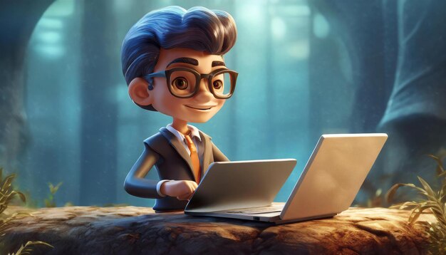 Personaje 3D con una computadora portátil Ilustración 3D Personaje 4D con una laptop